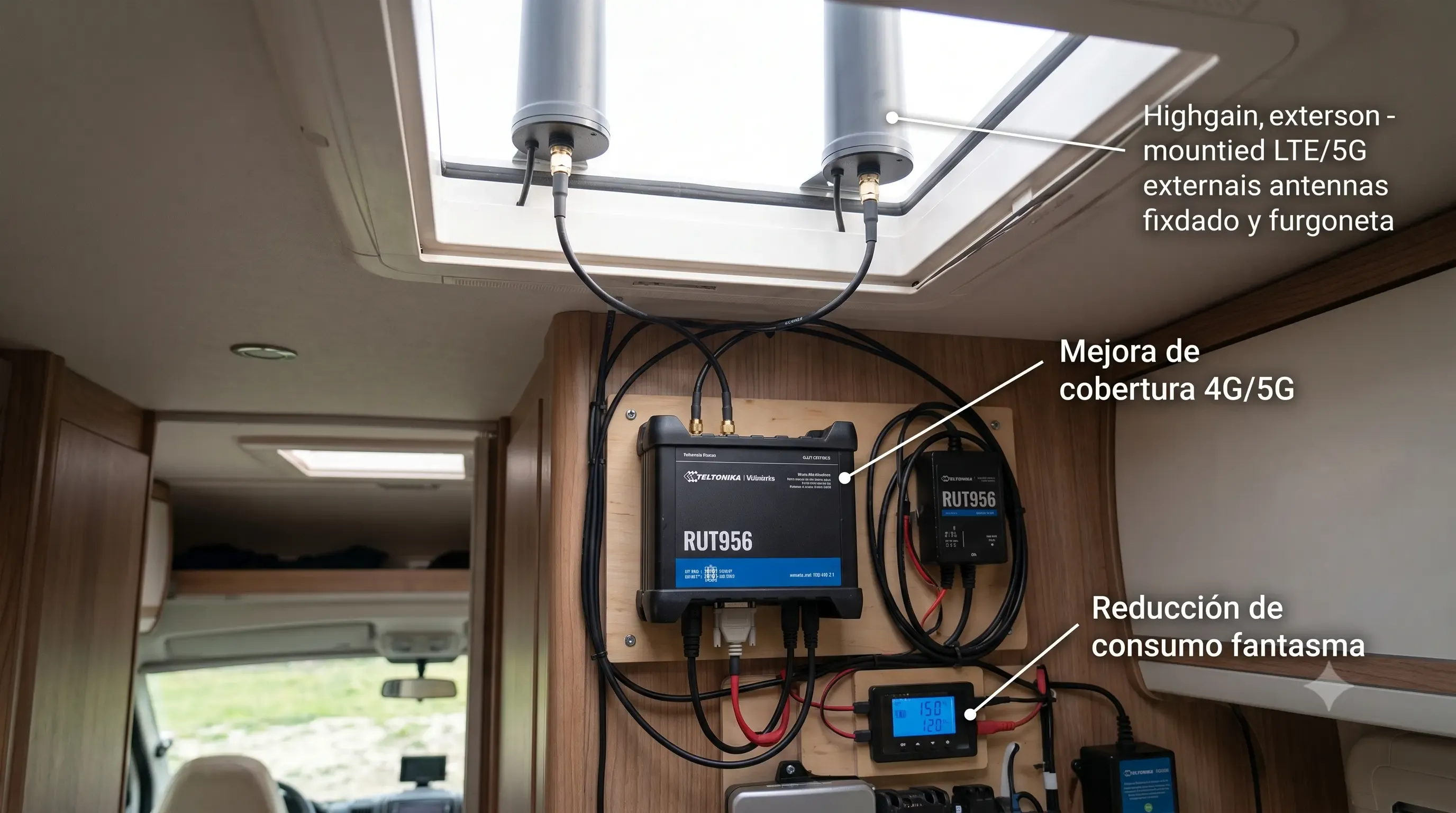 Instalación de router Teltonika RUT956 en furgoneta camper con antenas LTE externas para mejorar cobertura 4G/5G y reducir consumo fantasma