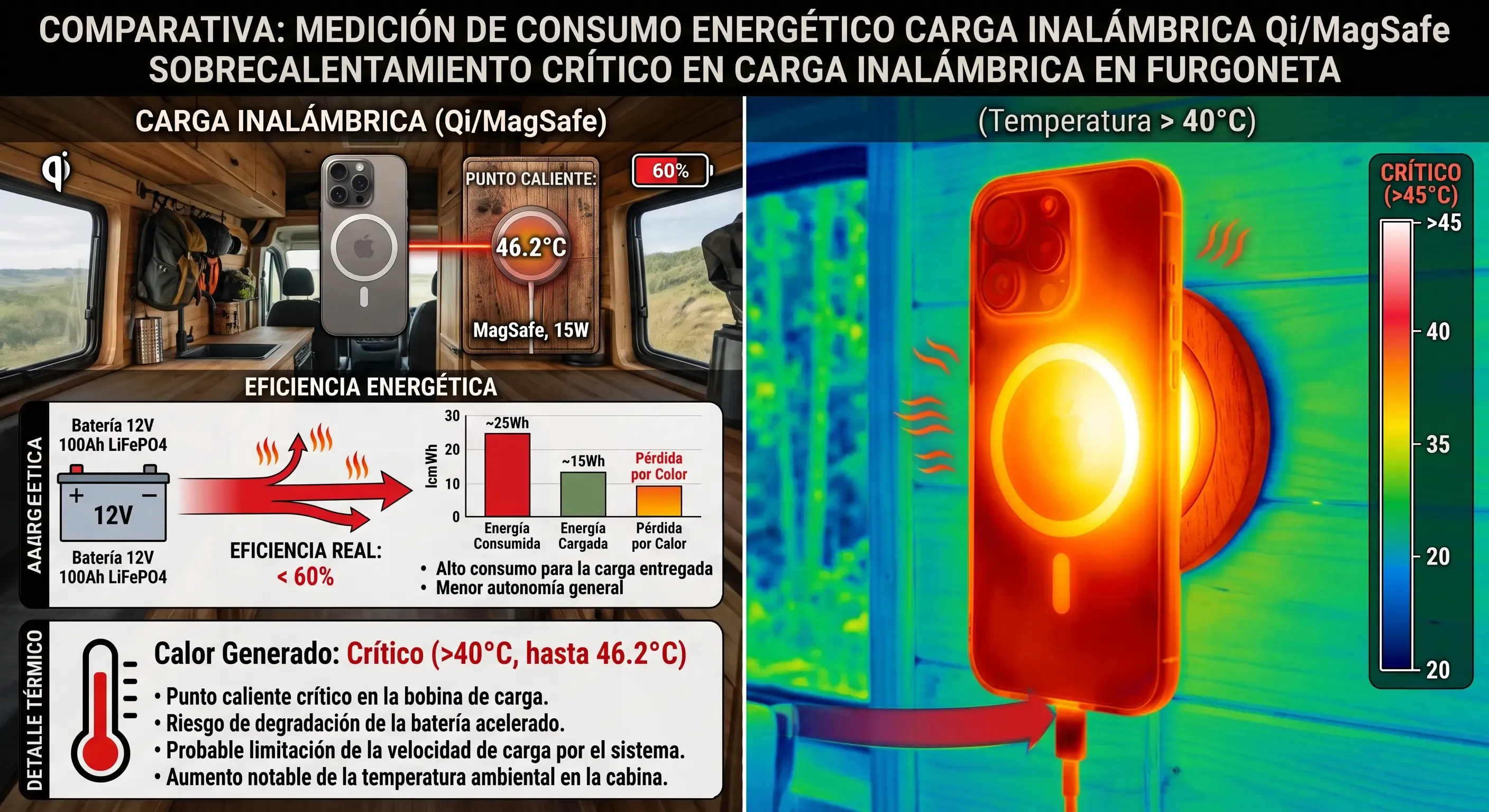 Imagen térmica de un smartphone superando los 40°C durante una carga inalámbrica en el interior de una furgoneta