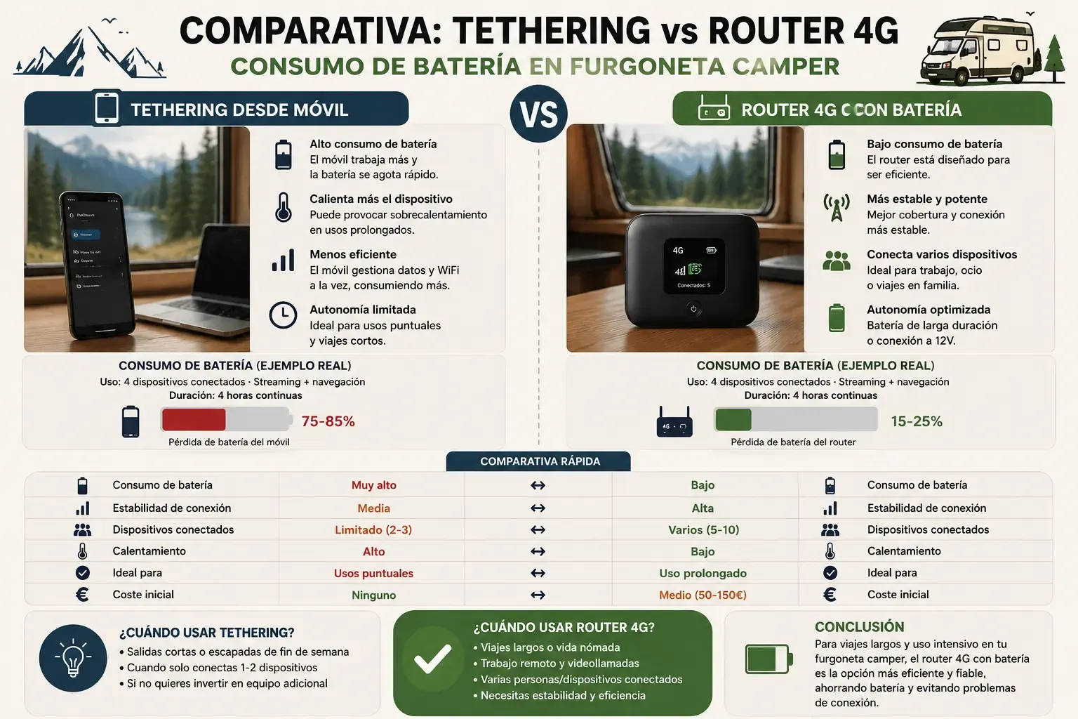 Comparativa tethering vs router 4G consumo batería en furgoneta camper