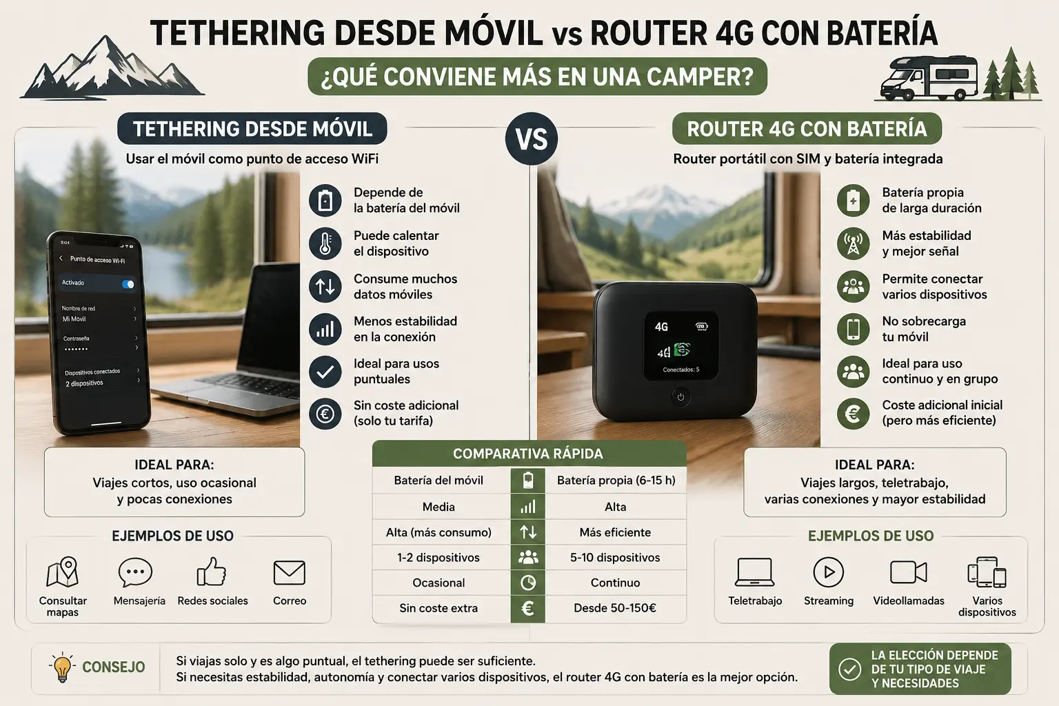 Tethering vs Router 4G: ¿Cuál consume más batería en tu camper? (Análisis real 2026)