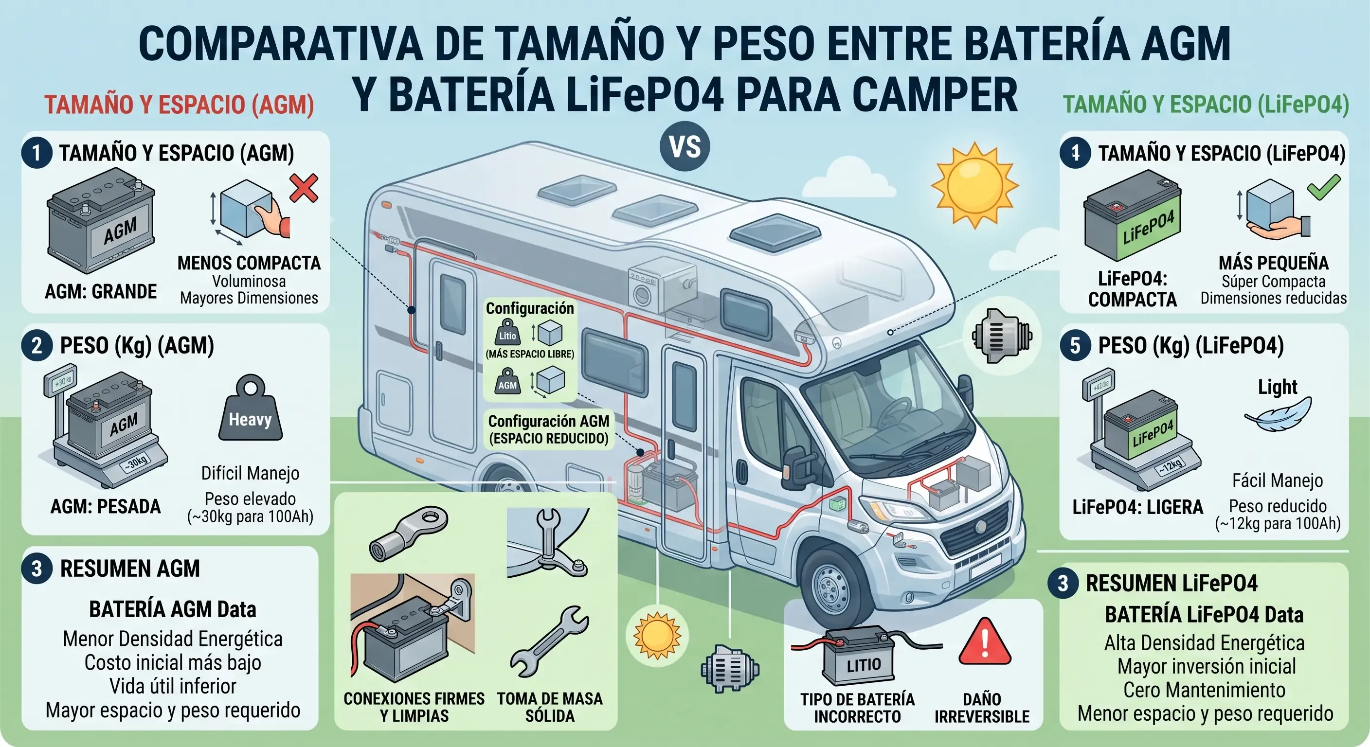 Comparativa de tamaño y peso entre batería AGM y batería LiFePO4 para camper