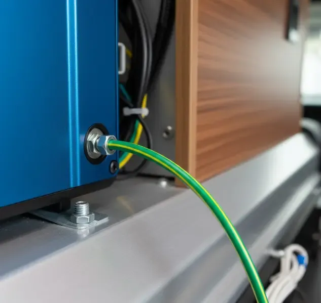 Detalle del cable verde y amarillo de toma de tierra conectado desde la carcasa de un inversor azul al chasis metálico limpio de una furgoneta camper