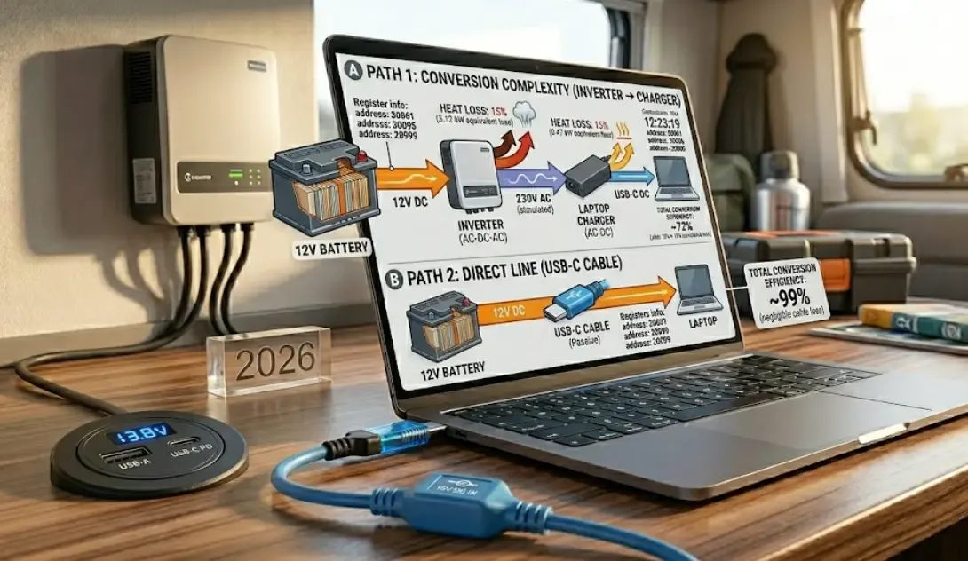 Una toma de corriente redonda empotrada en un panel de madera de furgoneta, con doble puerto (USB-A y USB-C PD), mostrando un pequeño voltímetro digital azul en el centro.