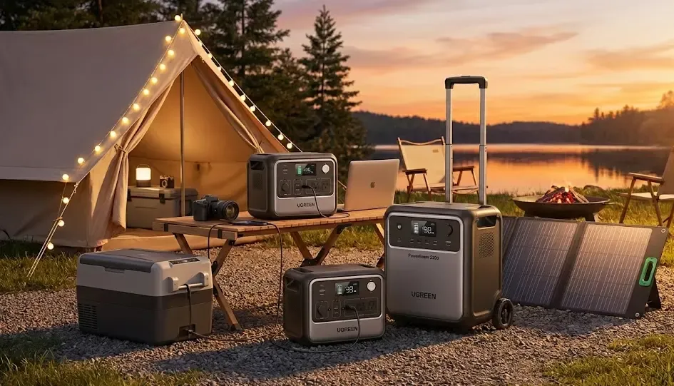 Familia de estaciones de energía Ugreen PowerRoam en un entorno de camping al atardecer