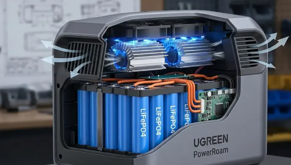 Esquema interno de la tecnología LiFePO4 y sistema de ventilación de Ugreen PowerRoam