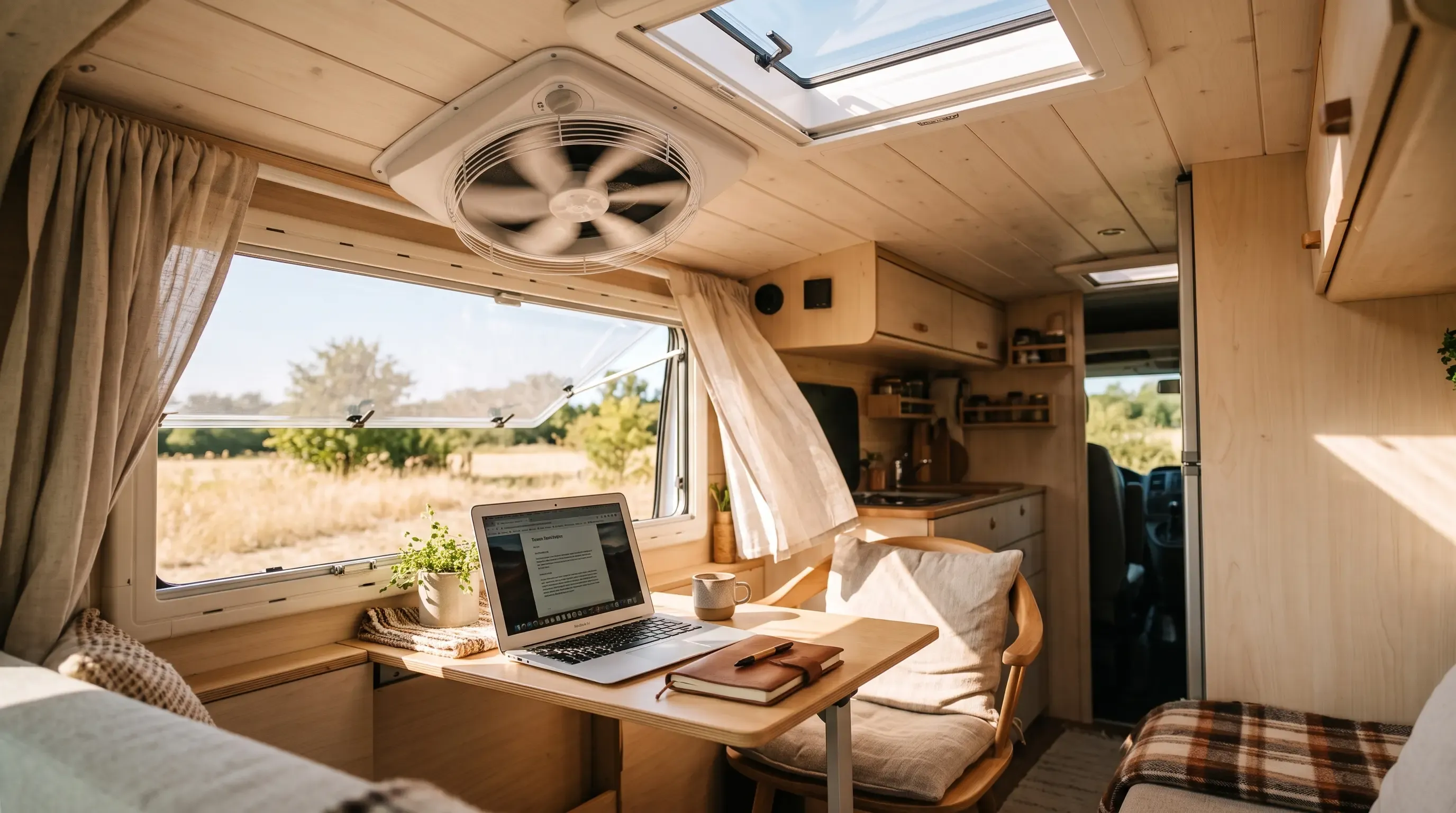 Ventilador de techo 12 V instalado en el interior de una camper con ventanas entreabiertas para ventilación cruzada