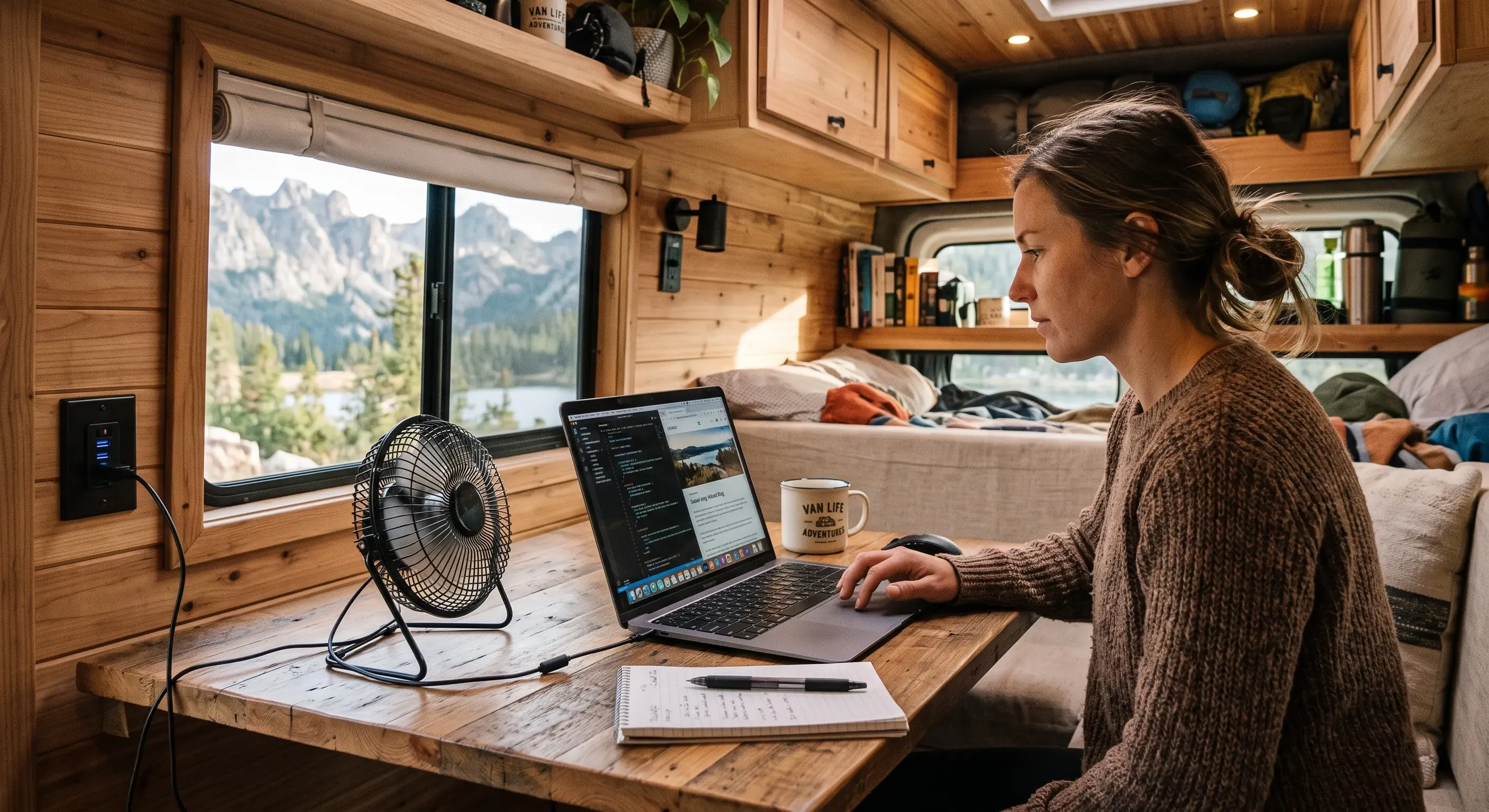 Ventilador USB de sobremesa en la mesa de trabajo de una furgoneta camper, enfocando el aire hacia la zona del portátil