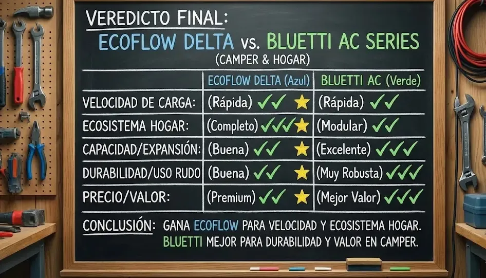 Veredicto final entre EcoFlow Delta y Bluetti AC series para uso camper y hogar