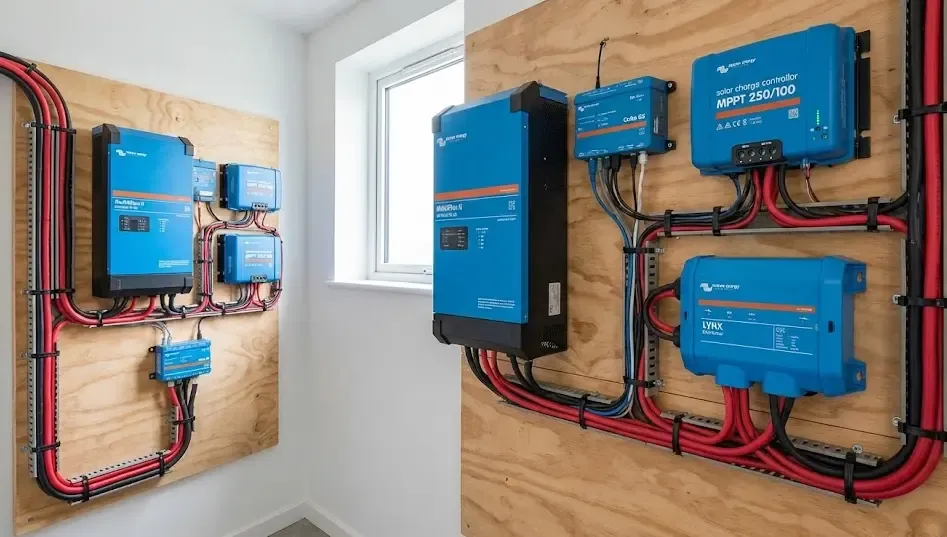 Componentes azules de Victron Energy instalados profesionalmente en un panel de madera con cables organizados